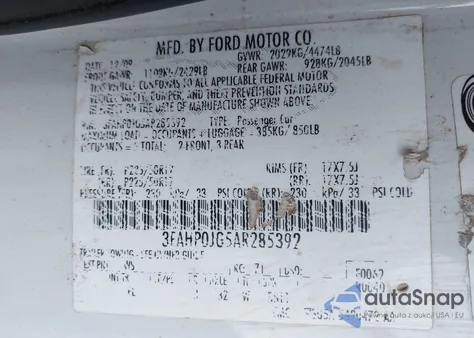 2010 Ford Fusion Sel z USA, uszkodzony, nr VIN 3FAHP0JG5AR285392